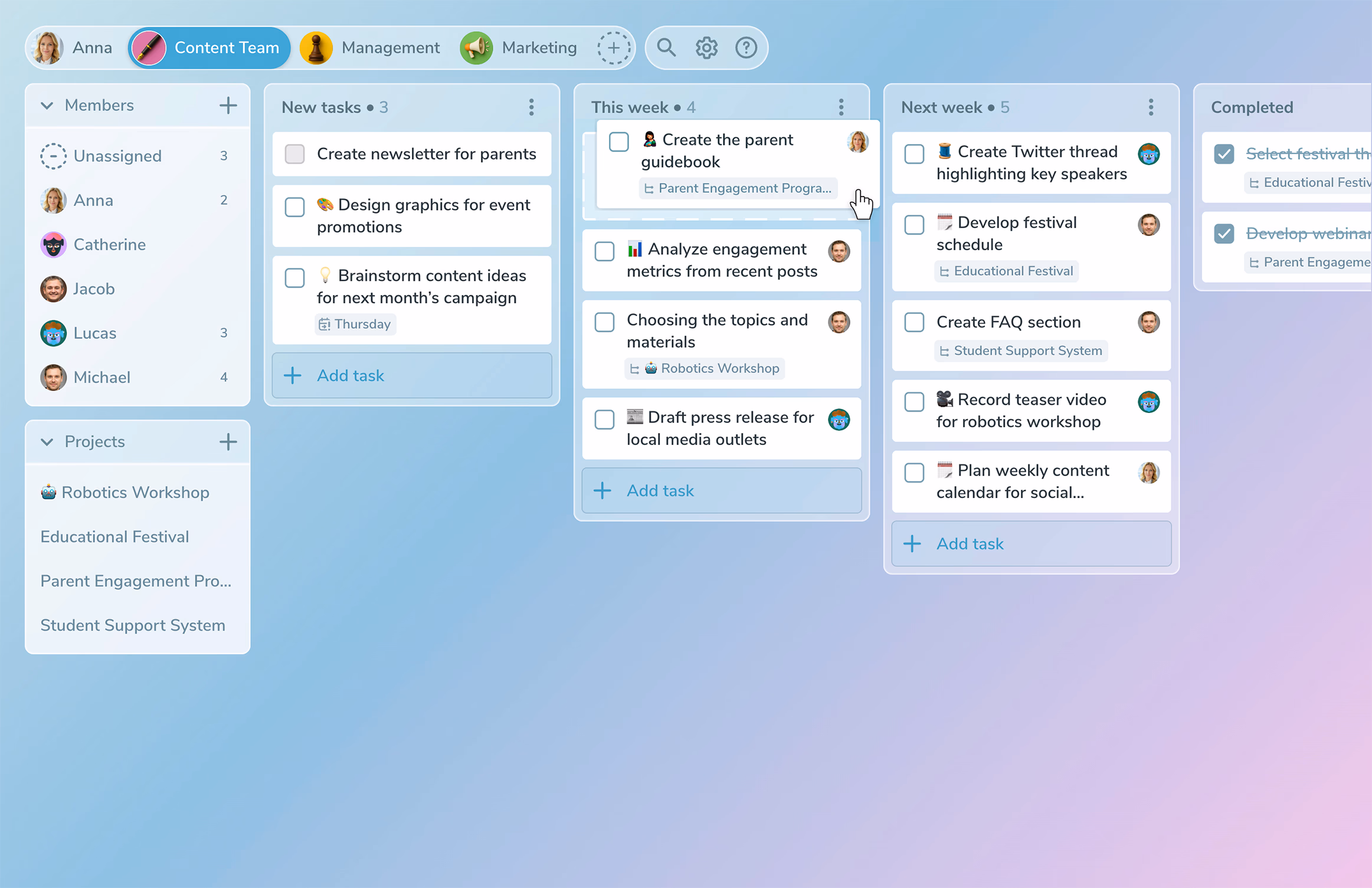 Shared Ping Kanban board
